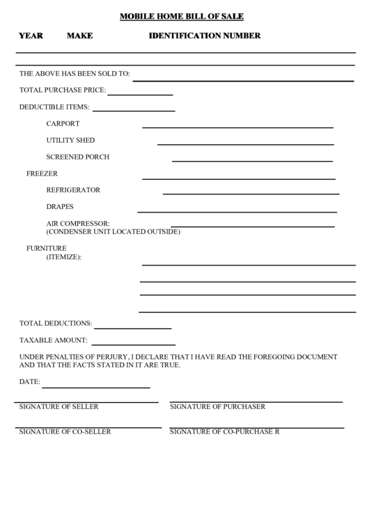 Fillable Mobile Home Bill Of Sale Template Printable pdf