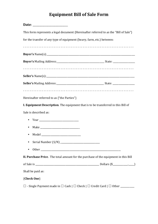 Fillable Equipment Bill Of Sale Form Printable pdf
