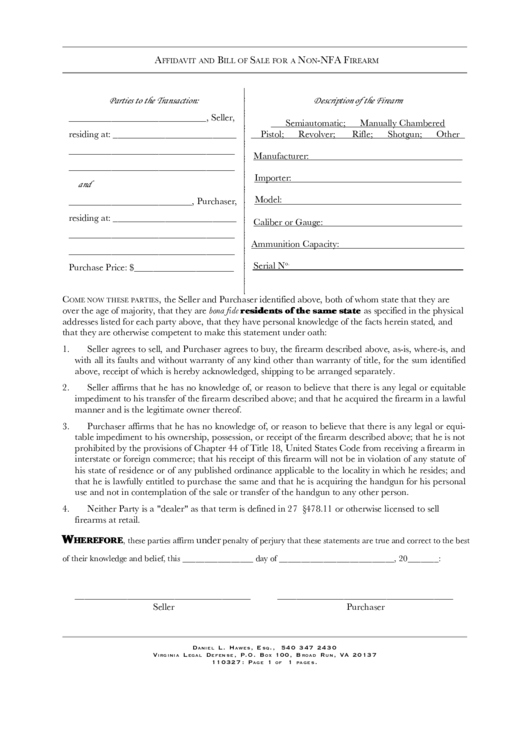 Affidavit And Bill Of Sale For A Non-Nfa Firearm Printable pdf