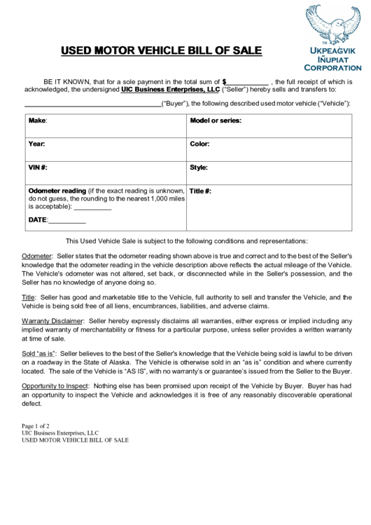Used Motor Vehicle Bill Of Sale Template Printable pdf