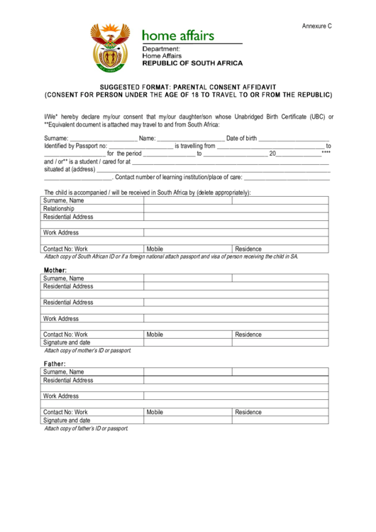 South Africa Parental Consent Affidavit Form Printable pdf