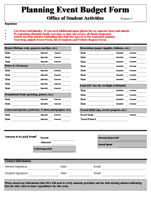 Fillable Planning Event Budget Form Printable pdf