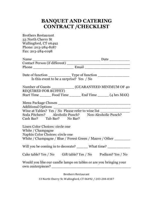 Brothers Restaurant Banquet And Catering Contract /checklist Printable pdf