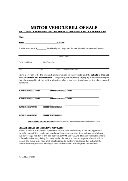 Motor Vehicle Bill Of Sale Printable pdf