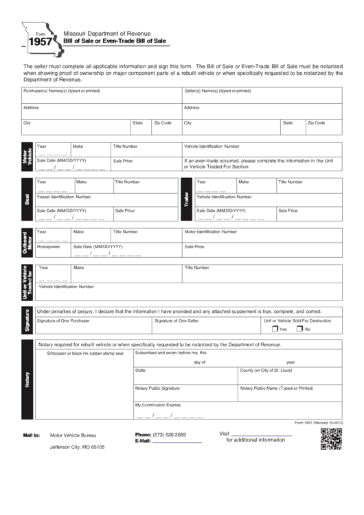 Fillable Missouri Department Of Revenue Bill Of Sale Or Even - Trade Bill Of Sale Printable pdf