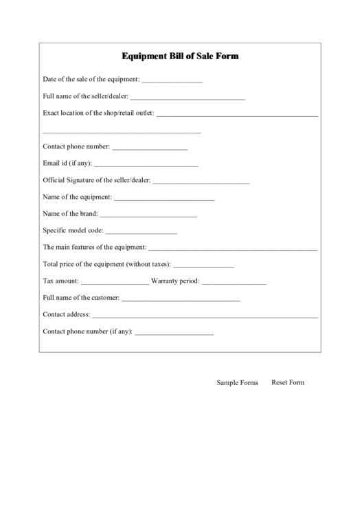 Fillable Equipment Bill Of Sale Form Printable pdf