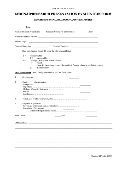 Seminar/research Presentation Evaluation Form Printable pdf