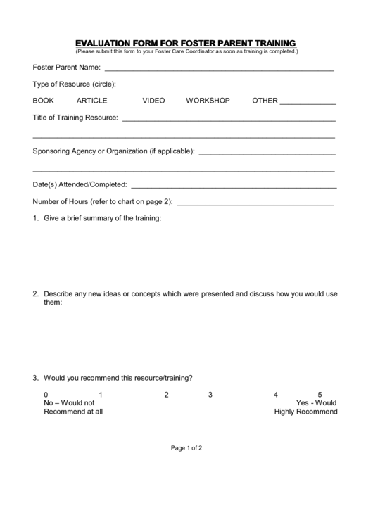 Evaluation Form For Foster Parent Training Printable pdf
