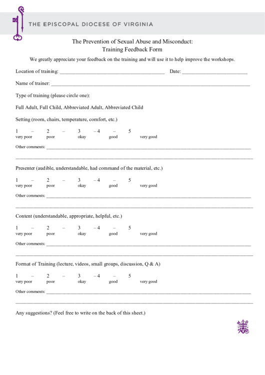 The Prevention Of Sexual Abuse And Misconduct: Training Feedback Form Printable pdf