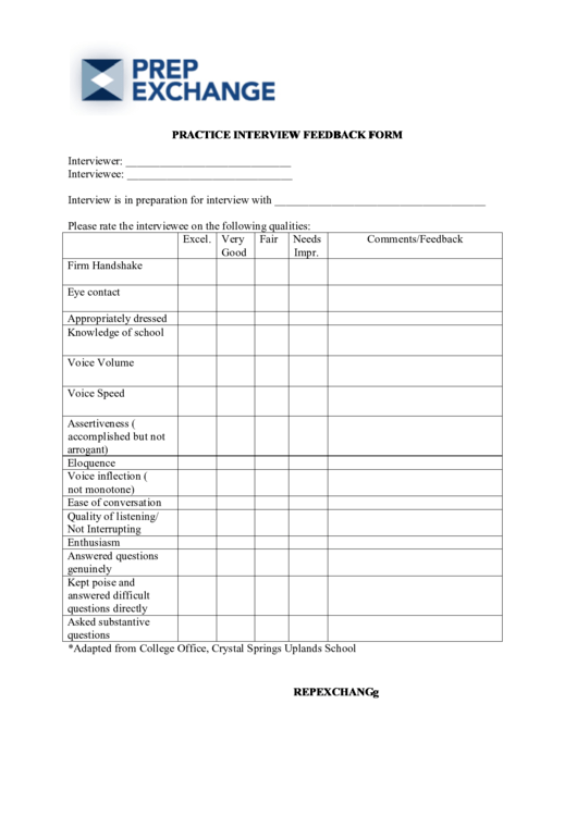 Practice Interview Feedback Form Printable pdf