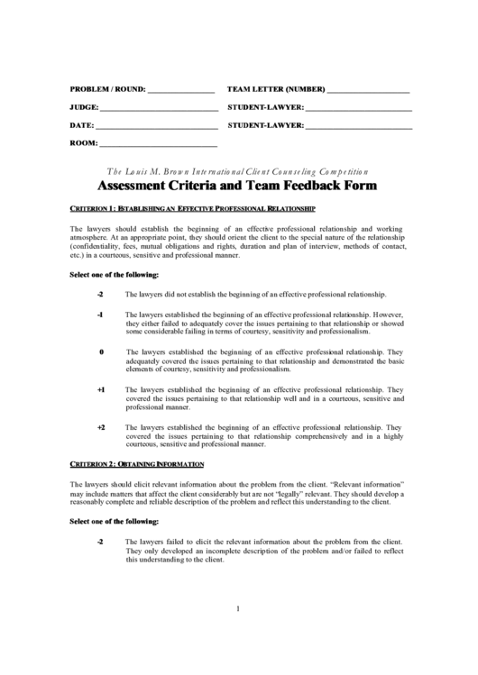 Assessment Criteria And Team Feedback Form Printable pdf