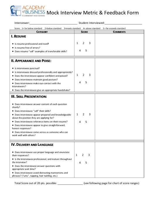Mock Interview Metric & Feedback Form Printable pdf