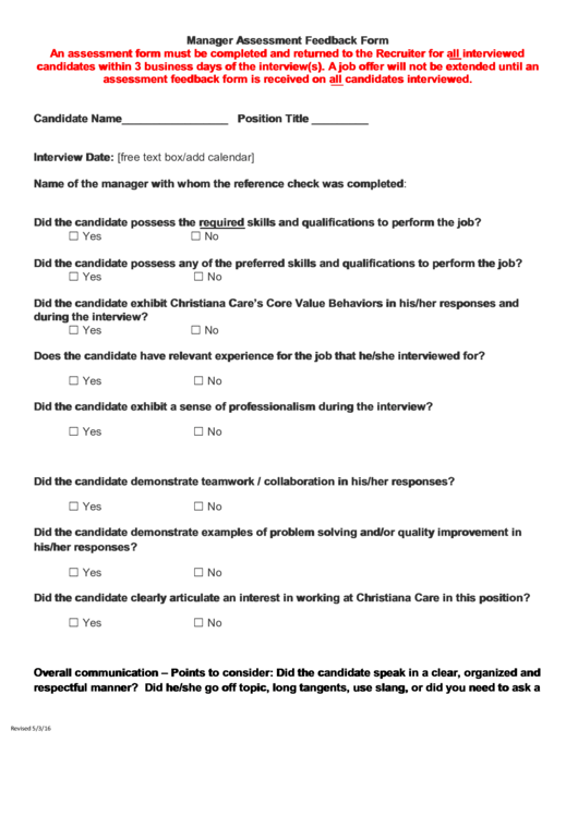 Manager Assessment Feedback Form Printable pdf