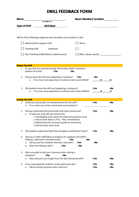 Drill Feedback Form Printable pdf