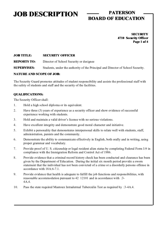 Paterson Board Of Education Security Officer Job Description Printable pdf