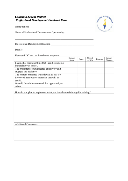 Professional Development Feedback Form Printable pdf