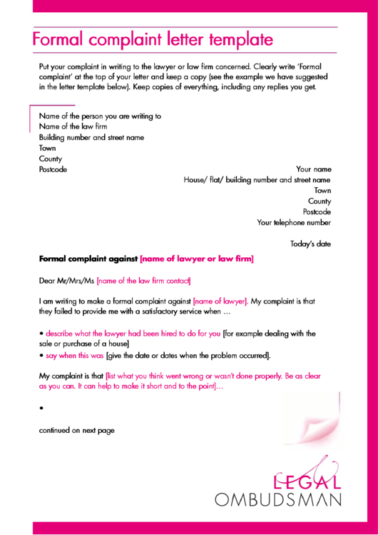 Fillable Formal Complaint Letter Template Printable pdf