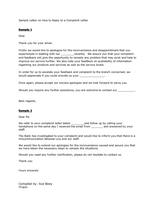 Sample Letter On How To Reply To A Complaint Letter