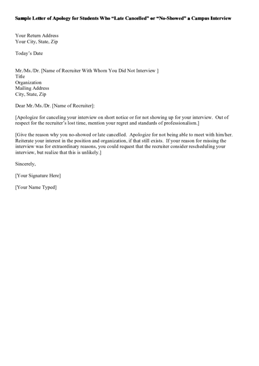 Sample Letter Of Apology For Students Who "Late Cancelled" Or "No-Showed" A Campus Interview Printable pdf