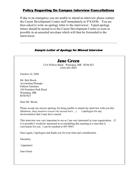 Sample Letter Of Apology For Missed Interview Printable pdf