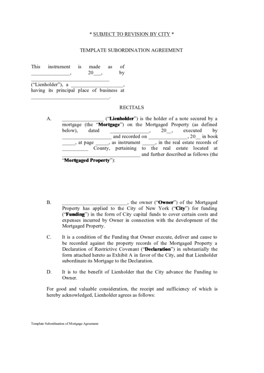 Template Subordination Agreement Printable pdf
