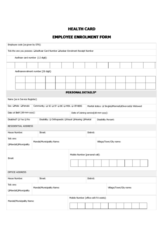 Health Card Employee Enrolment Form Printable pdf
