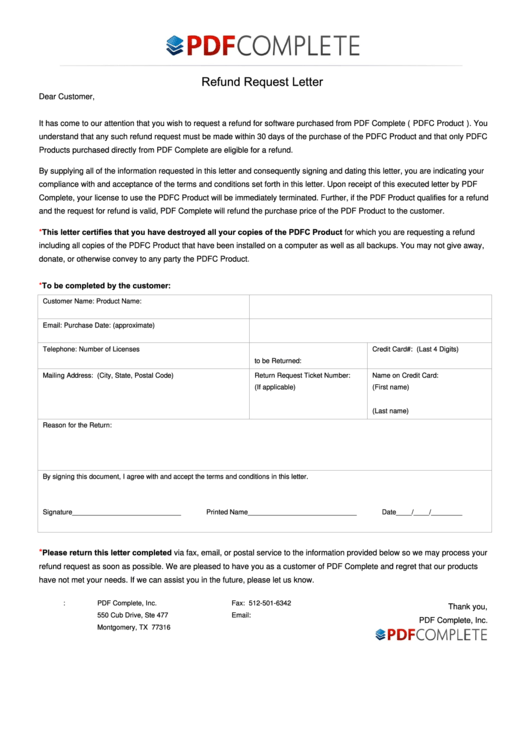 Sample Refund Request Letter Template Printable pdf