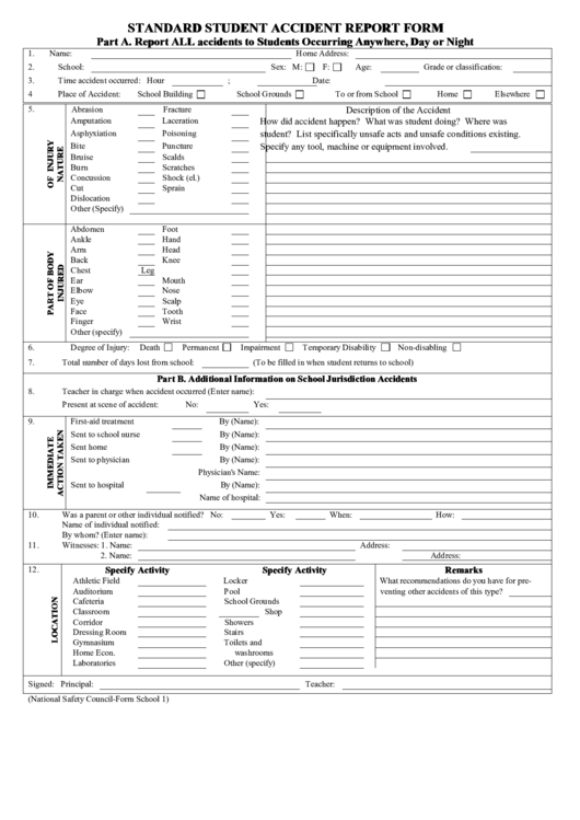 Standard Student Accident Report Form Printable pdf