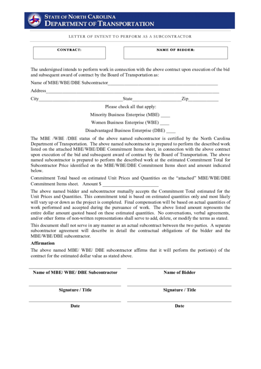Fillable Letter Of Intent To Perform As A Subcontractor - Department Of Transportation Printable pdf
