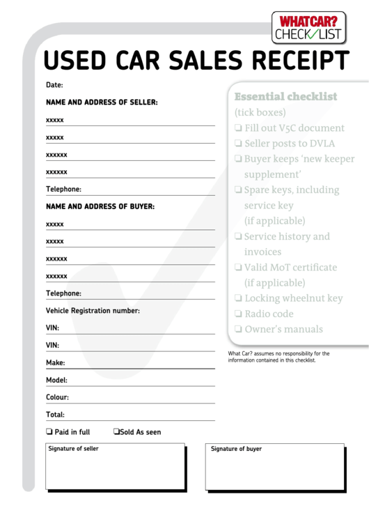 Used Car Sales Receipt Template Printable pdf