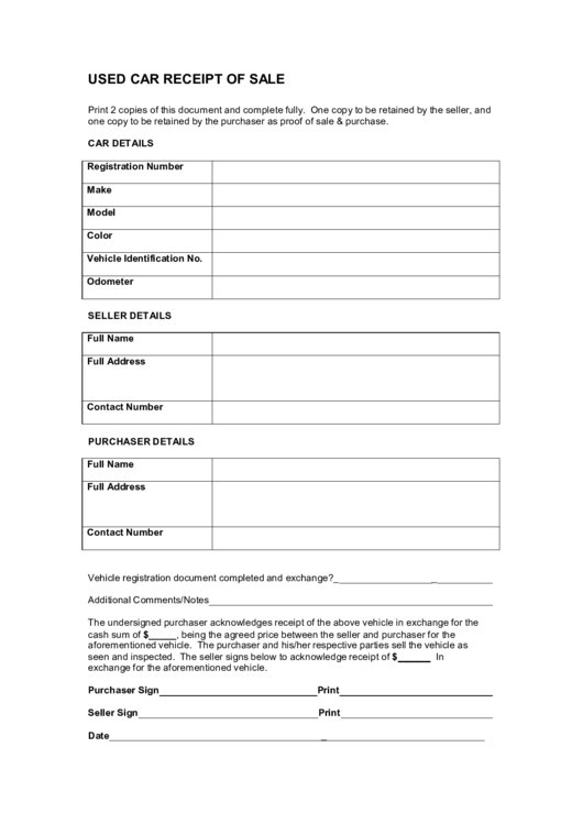 Fillable Used Car Receipt Of Sale Form Printable pdf