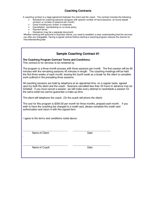 Sample Coaching Contract Printable pdf