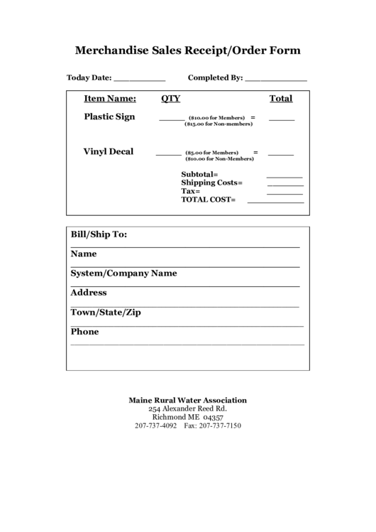 Merchandise Sales Receipt/order Form Printable pdf