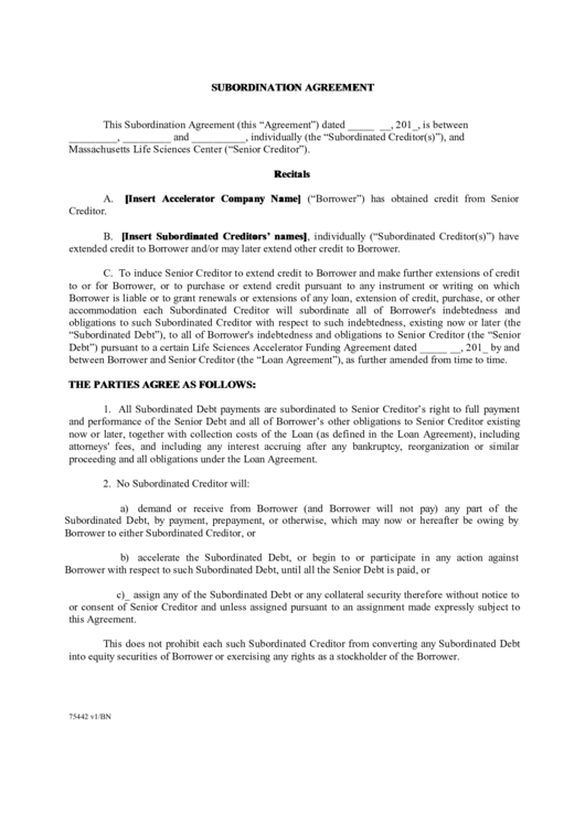 Subordination Agreement Printable pdf