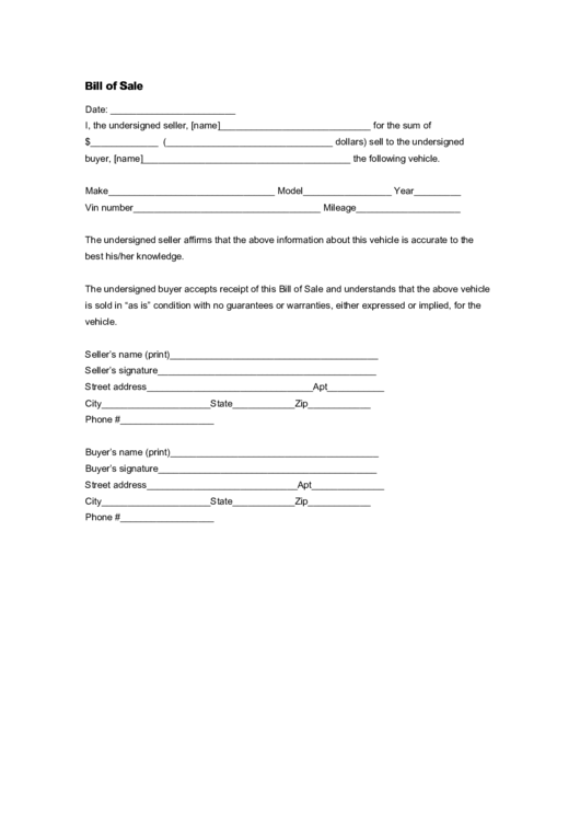 Vehicle Bill Of Sale Form Printable pdf