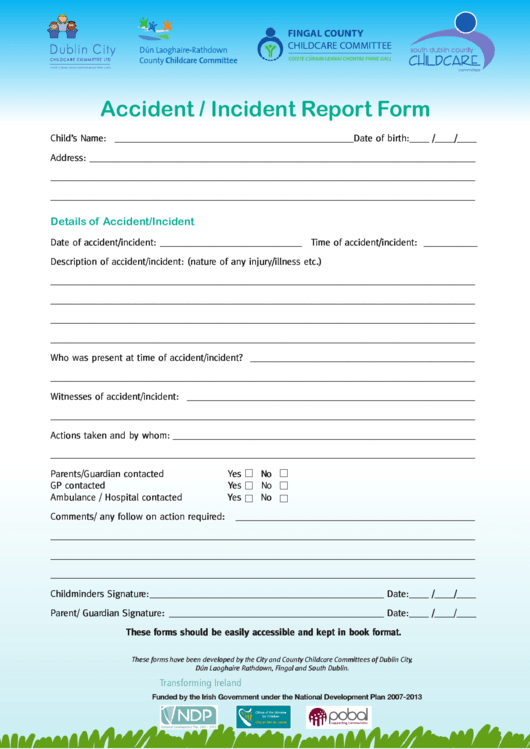 Childcare Committee Accident Incident Report Form Printable pdf