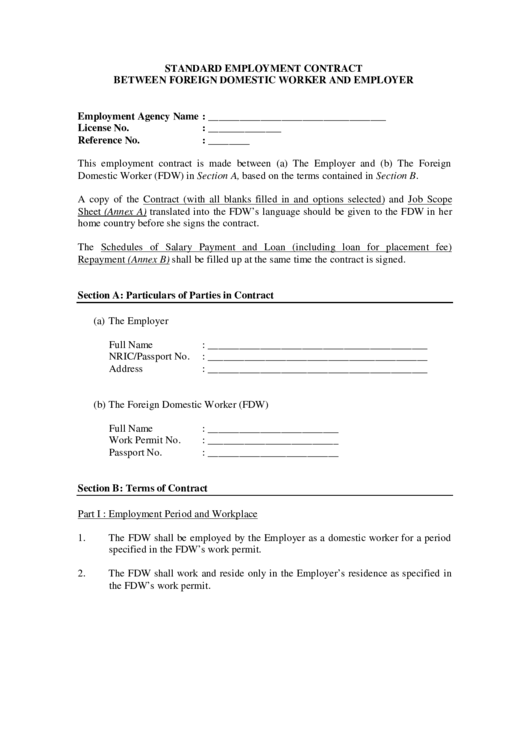 Standard Employment Contract Between Foreign Domestic Worker And Employer Printable pdf
