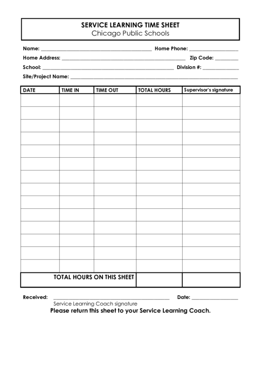 Service Learning Time Sheet Printable pdf