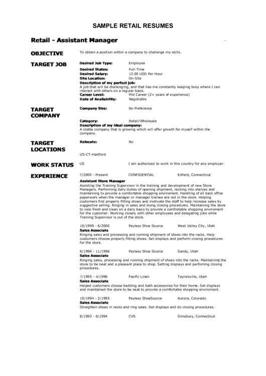 Sample Retail Resumes Assistant Manager Printable pdf