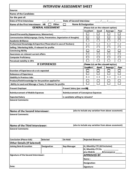 Interview Assessment Sheet Printable pdf