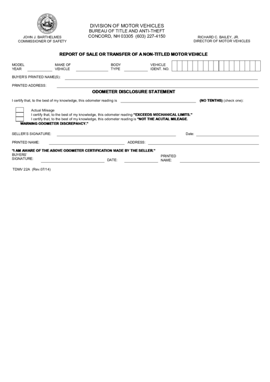 Fillable Tdmv 22a - Report Of Sale Or Transfer Of A Non-Titled Motor Vehicle Printable pdf