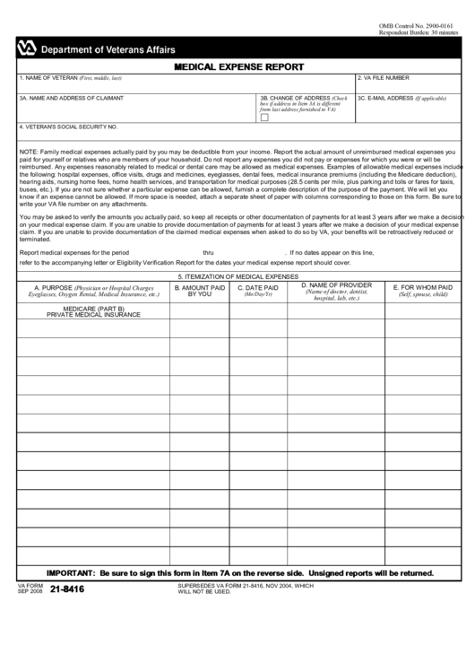 Va Form 21-8416 - Medical Expense Report