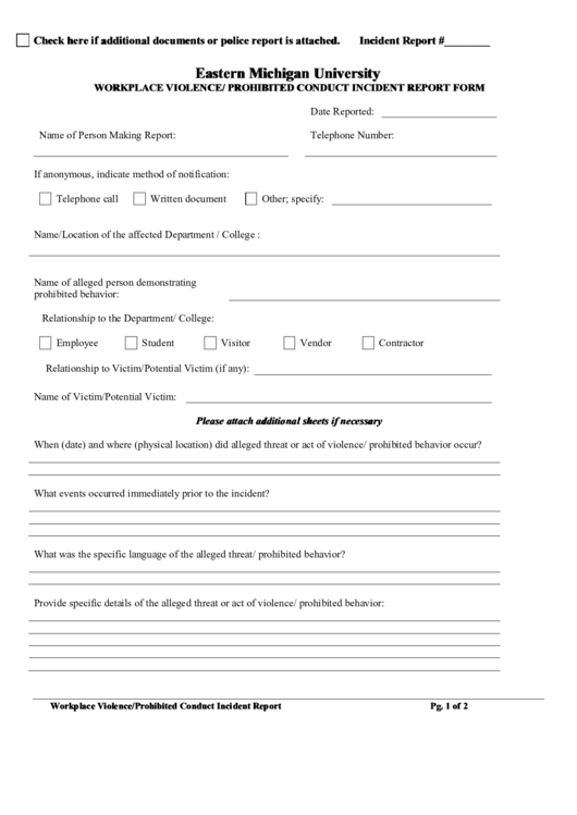 Eastern Michigan University Workplace Violence/ Prohibited Conduct Incident Report Form Printable pdf
