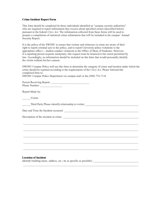 Swosu Crime Incident Report Form Printable pdf