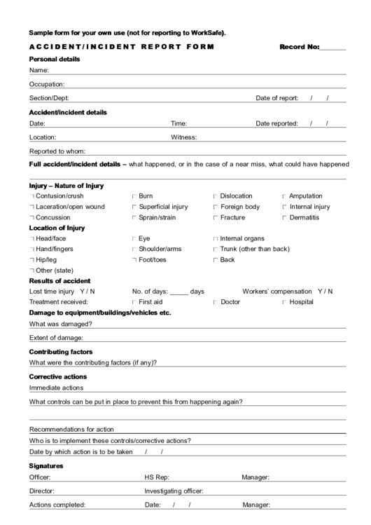 Worksafe Sample Accident Report Form Printable pdf