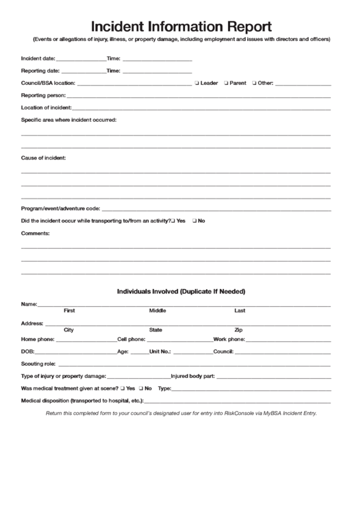 Fillable Incident Information Report Form Printable pdf