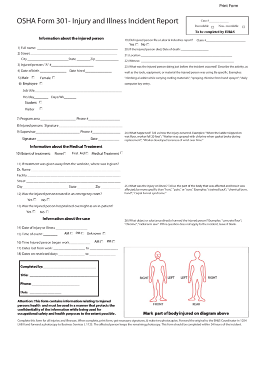 Fillable Osha Form 301 - Injury And Illness Incident Report Printable pdf