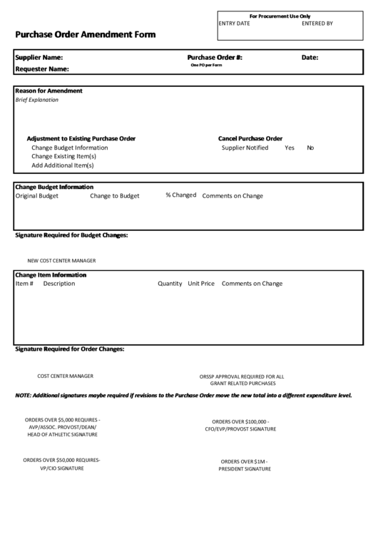 Fillable Purchase Order Amendment Form Printable pdf