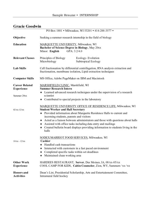 Sample Resume Internship Printable pdf