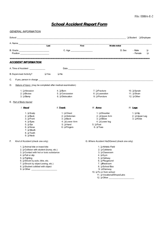 School Accident Report Form Printable pdf